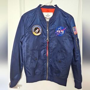 Retro NASA Bomber Jacket, Navy with real patches, Size Medium, full zip.